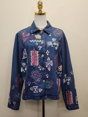 New Directions Floral Embroidered Denim Jacket Size Large